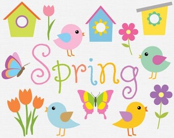 DIGITAL Bird Clip Art with Purple Flower Green Yellow Butterflies Orange Tulip Blue Birdhouse Spring Clipart Pink Baby Bird Element