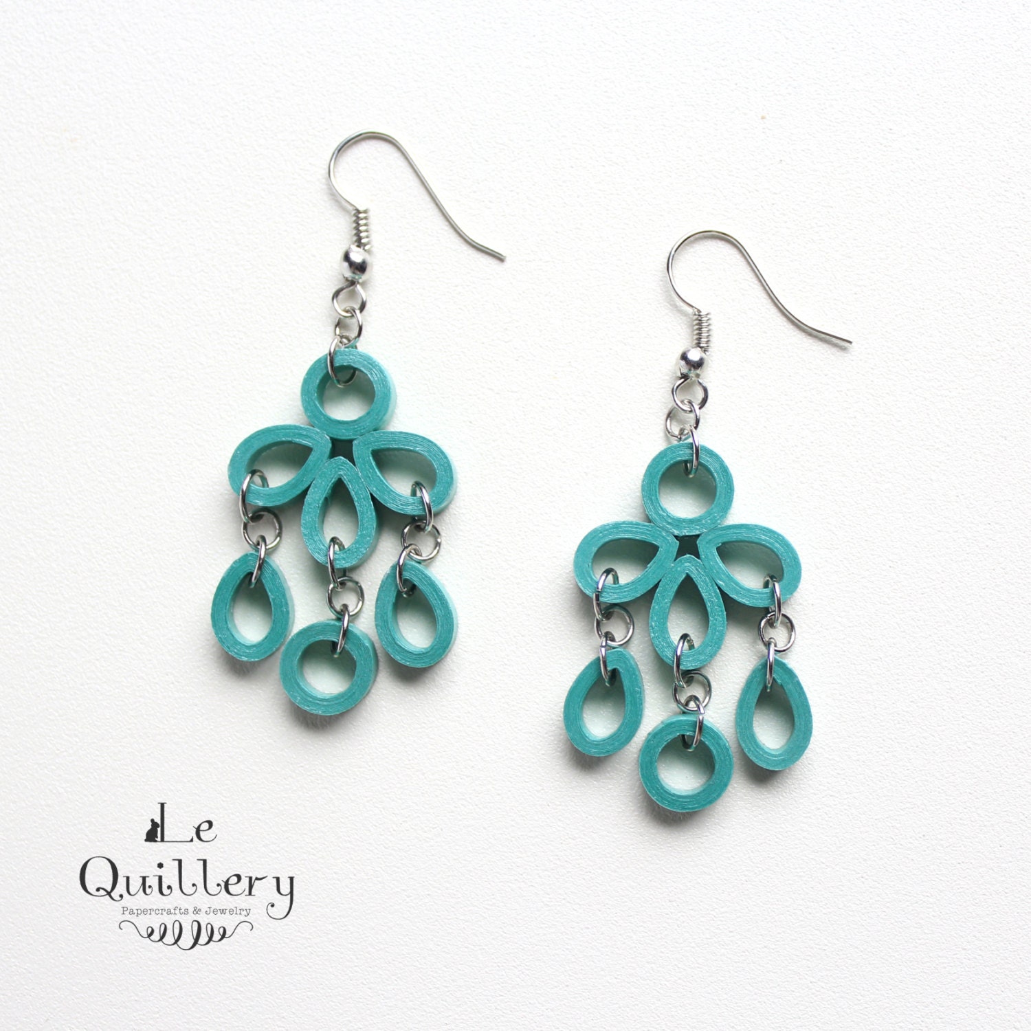 Teal Chandelier Filigree Earrings Handmade Paper Quilling