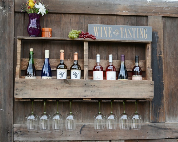SHOP SALE!! Wine Rack, Reclaimed Pallet wood, 8 bottle storage, 8 glass slots, Early American Stain / 78 Dollars was 99