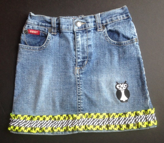 Girls Upcycled Denim Skirt Size 6 with Added Owl Patch and