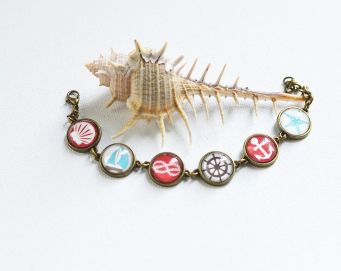 SEA BREEZE Bracelet made from metal brass under glass, Shell, Ship, Rudder, Anchor, Starfish, Red, Blue, Brown