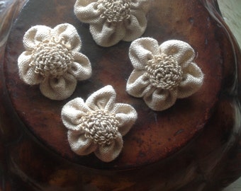 Set of 4 Handmade Jute / Burlap Sew on flowers / Bag accessory / Indian Jute trim / Jute flowers