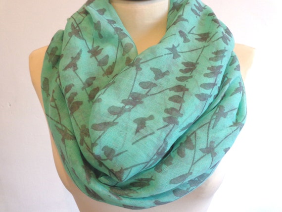 Birds print infinity scarf, spring scarf, bird scarf, print scarf women, loop scarf, mint green scarf