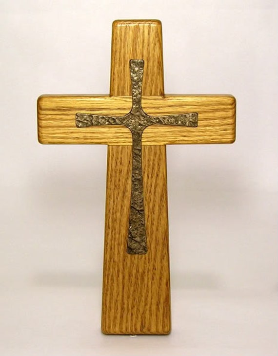 Wood Oak Christian Wall Cross 12 inch with Bronze Resin Inlay