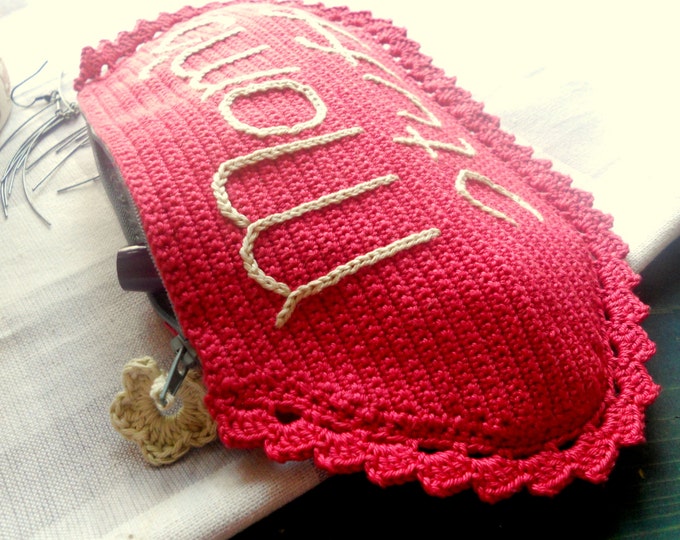 Christmas Gift, Great Gift for Mother, Personalized Gift, Mother's Day Gift, Handmade Embroidered Crochet Cotton Amaranth Pink Cosmetic Bag
