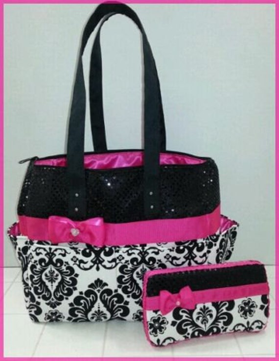 Damask Diaper bag with hot pink bow. Medium size. by BagsbyMaritza