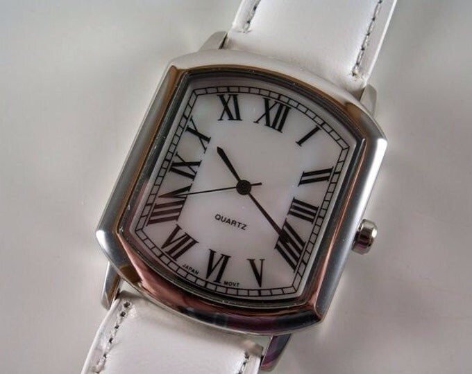 Storewide 25% Off SALE Vintage Ladies quartz watch with large Mother of Pearl face & white leather watch band
