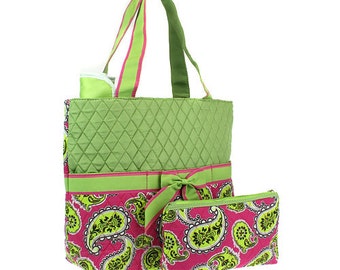 Personalized Quilted Paisley Hot Pi nk  Lime Green Diaper Bag w ...