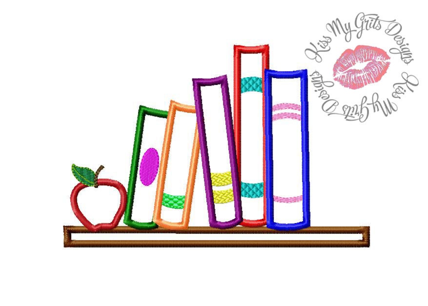 Books on Shelf with Apple Machine Embroidery Applique Design