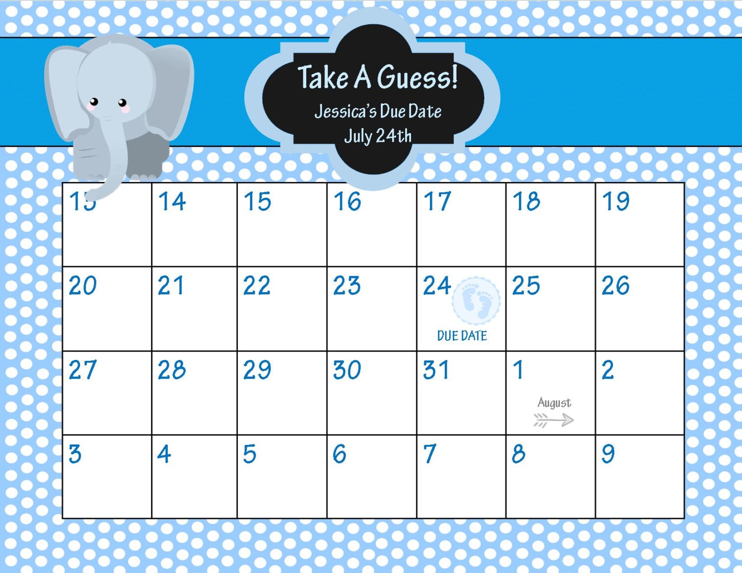Animal baby shower Due Date Calendar / elepahnt Baby Shower