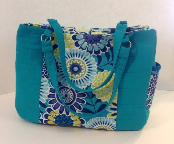 Fully quilted aqua and blue flower burst purse by PenguinPouches