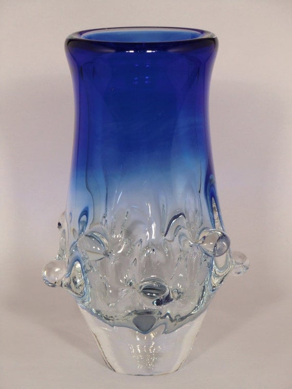 Czech Bohemian Skrdlovice Art Glass Blue Vase by Ladislav