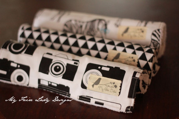 Modern Baby Burp Cloths, Set of Three, in Black and White Hipster Zebra, Vintage Camera, and Modern Triangle Fabric