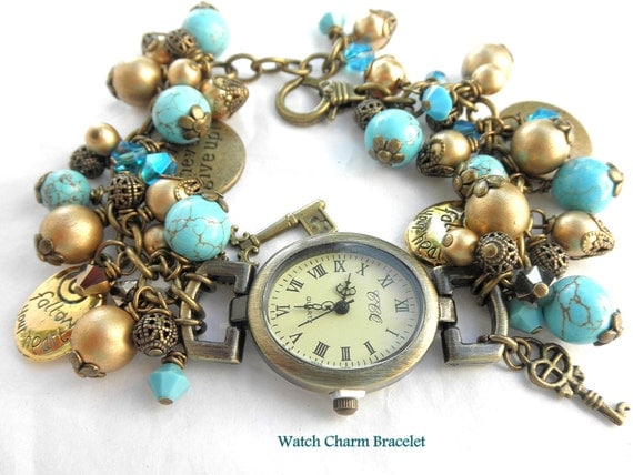 A Turquoise and Gold Timepiece Charm Bracelet. A Gorgeous Charm Watch Bracelet with Gold and Turquoise Colors for Her.