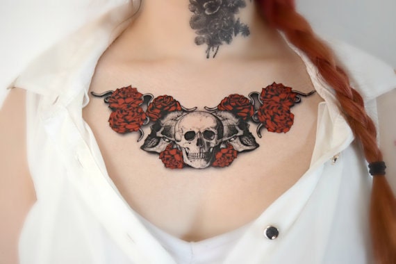 Temporary Tattoo Chest Tattoo Skull Tattoo Red Rose Tattoo