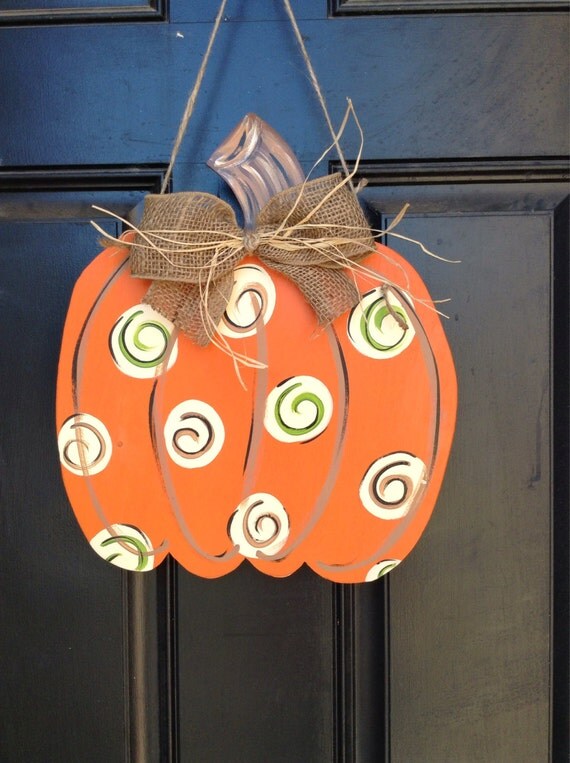 Hand Painted Swirl Dot Wood Pumpkin Door Hanger by TheCanvasSign