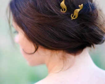 Cat Hair Pins Mid Century Modern Style Cat Hair Clip 60's Mod Kitty Sixties Hair Gold Cat Barrette Bobby Pins