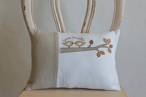 Love Birds Accent Pillow, Shabby Chic, Folk Art, Linen (17" w x 12" h)