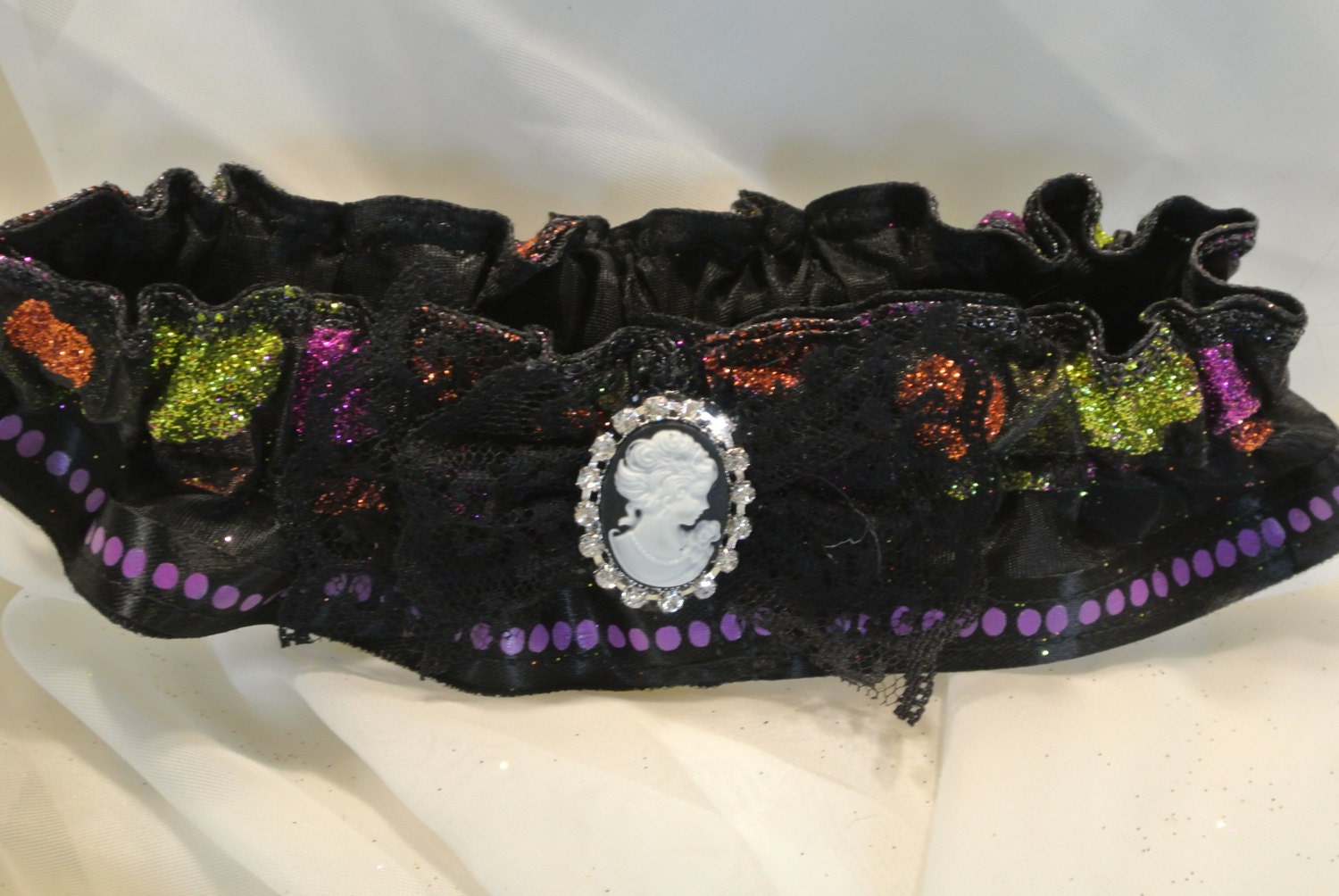 Halloween Garter Belt Black ribbon with polka dots and lace