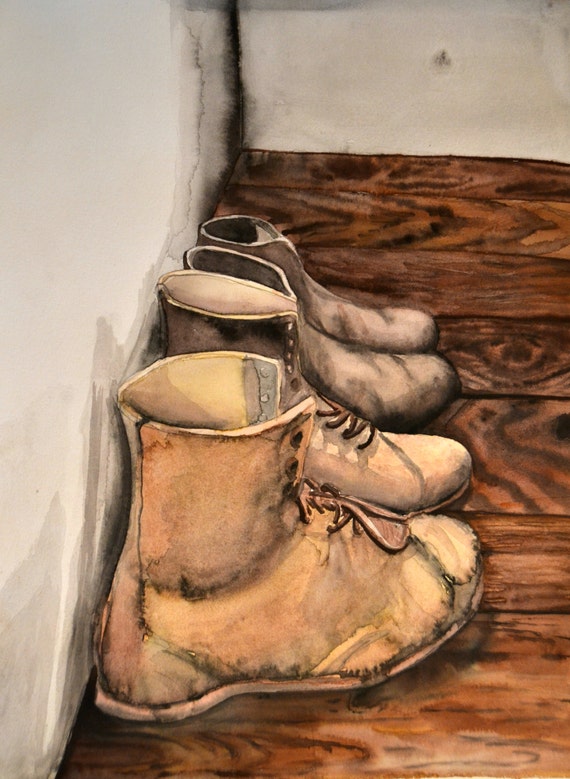 Work Boots Original Watercolor Painting by GarrettLoveArt on Etsy