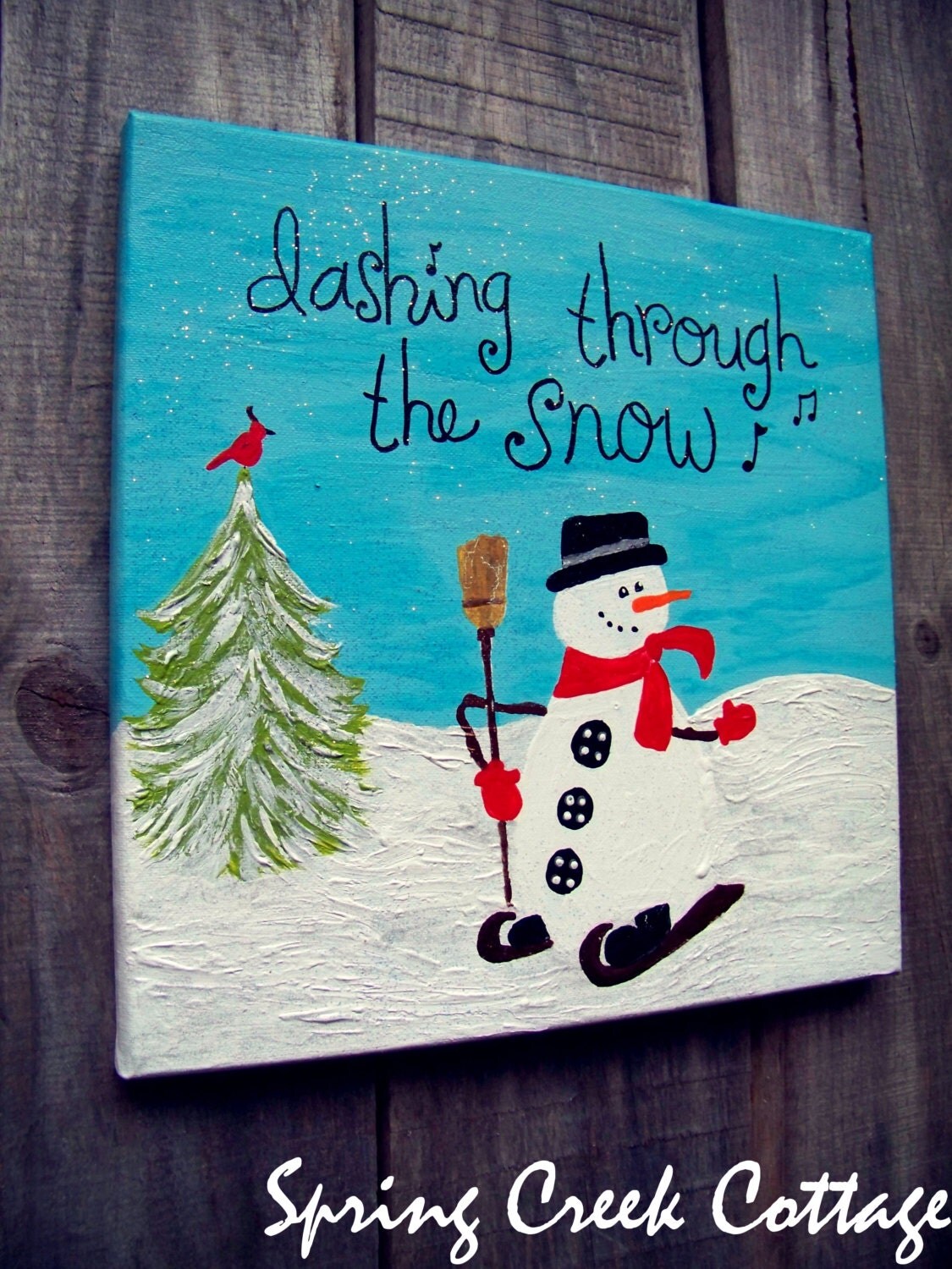 Dashing Through the Snow, Whimsical Hand-Painted Snowman Canvas Art