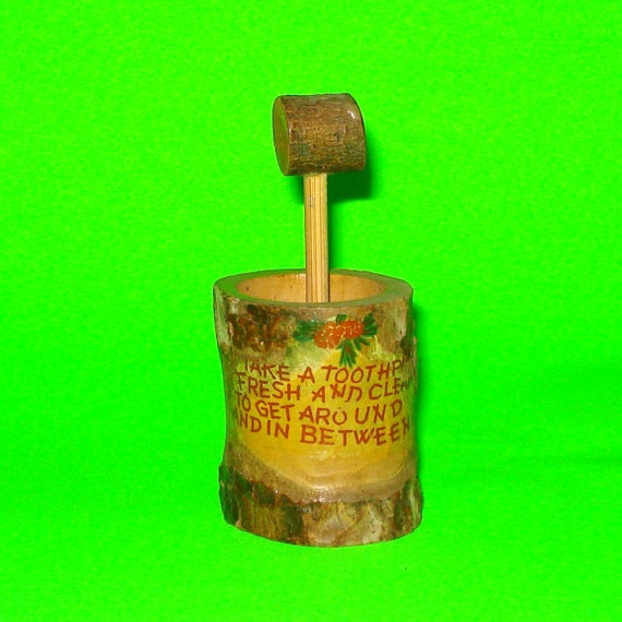 Vintage Carved Wood Rustic Toothpick Holder