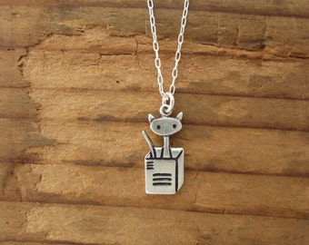 Cat in a Box Necklace - Cat Necklace - Sterling Silver Cat Pendant