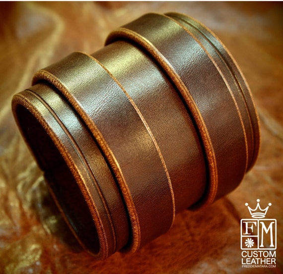Leather cuff bracelet Double strap 3" rich deep brown distressed bridle Leather custom made for you in NYC by Freddie Matara