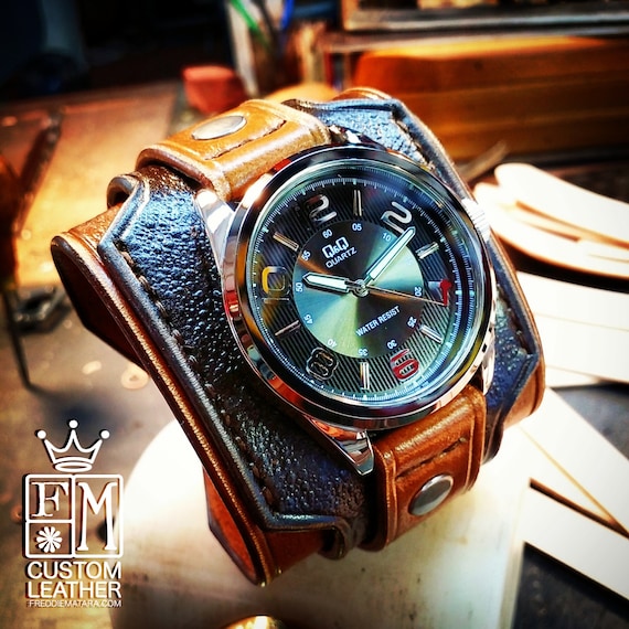 Leather cuff watch wrist watch vintage Nathan Drake style wide layered Custom made for YOU in NYC by Freddie Matara