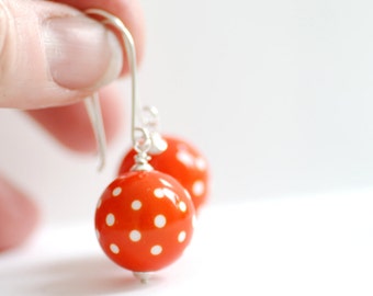 Funky Earrings, Orange and White, Lucite Earrings, Polkadot Jewelry, Sterling Silver, Dangle Earrings - Swiss Dot
