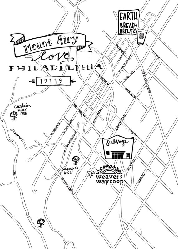 Mount Airy HandDrawn Map Philadelphia 8x10