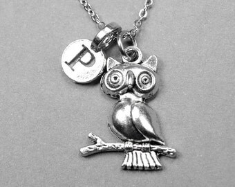 Owl on branch Necklace, owl charm, silver plated pewter, initial necklace, initial hand stamped, personalized, monogram