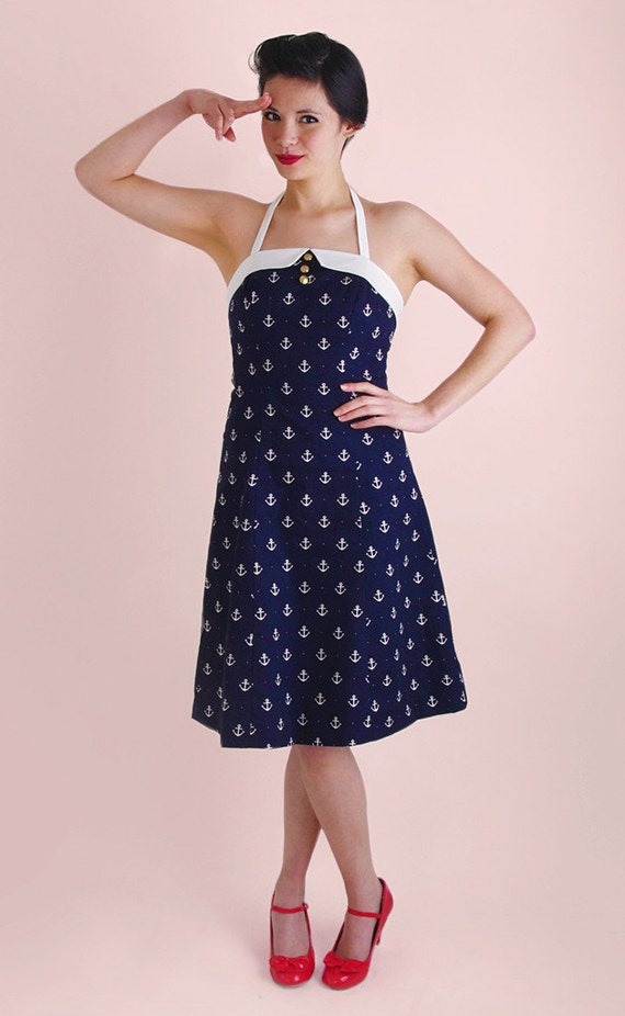 Womens Dress Nautical Anchors Navy Blue Rockabilly by BethanyEowyn