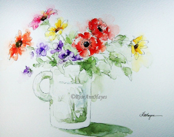 Flowers in Glass Mug Print of Watercolor Painting by RoseAnnHayes