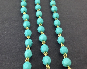 Turquoise Blue Faceted Czech Glass Bead Chain Raw Brass Links 6mm chn142