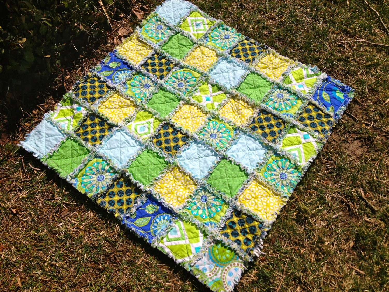 Flannel and Cotton Rag Quilt in Greens and Blues