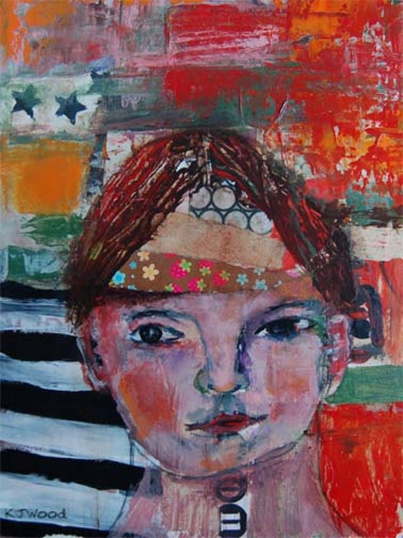 Acrylic Portrait Painting Collage 9x12 Canvas, Original, Colorful, Mixed Media, Love Child, Girl, Black Hair