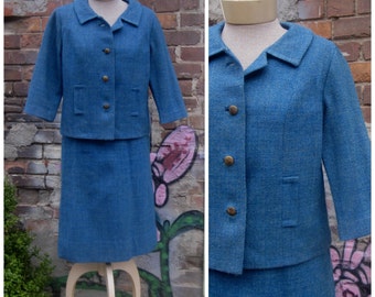 Vintage 1960's Blue Tweed Wool Suit Amy Adams Pencil Skirt Jackie Kennedy Era Medium