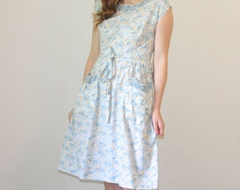 Vintage SWIRL Dress / 1950s Clothing / Light Blue White Yellow Floral ...
