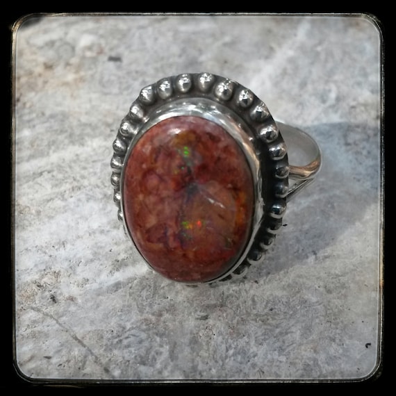 Vintage Mexican Fire Opal and Sterling Silver Ring Size 8