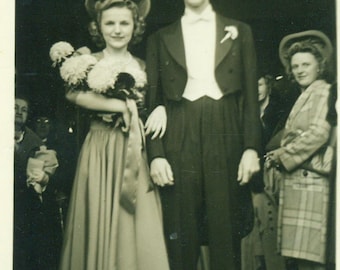 1930s Happy Couple on Wedding Day Bride Groom Flower Bouquet Tails Tux Vintage Black And White Photo Photograph