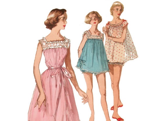 1950s Baby Doll Pajamas Pattern Square or Scoop Neck Nightgown