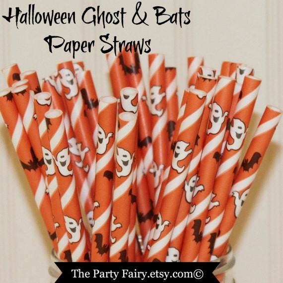 Paper Straws, 25 Orange Ghost & Bats Paper Straw,Halloween Party Paper Straws,Trick or Treat , Halloween Party Favor, Ghost Paper Straws Il_570xn