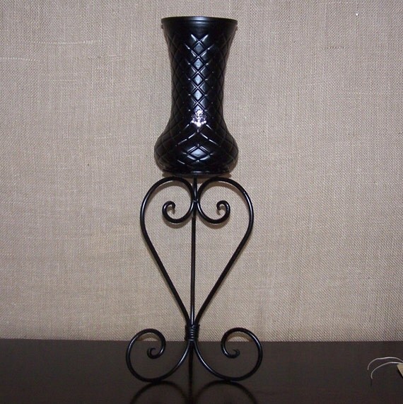 Tall Black Painted Vase with Rhinestone Accent Vintage Black