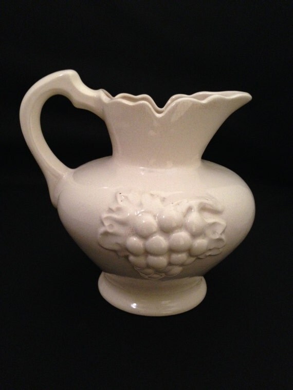 White Pitcher Vase With Grape Relief Ceramic by missenpieces