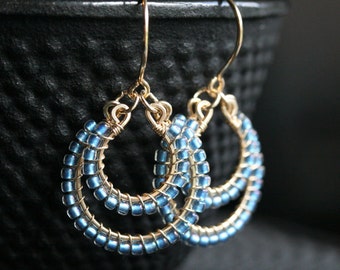 Blue seed bead earrings, beaded, dangle, drop earrings, capri blue, Toho, 14k gold filled, wire wrapped, Mimi Michele Jewelry