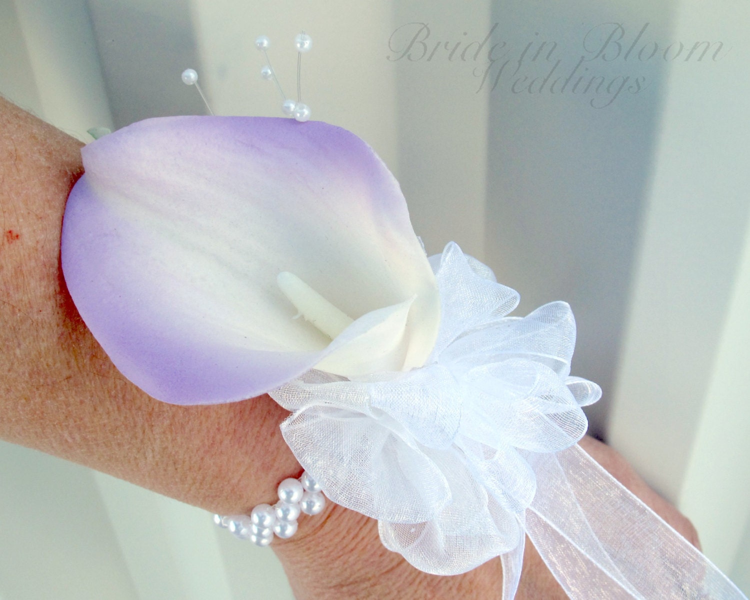 Lavender calla lily wrist corsage pearl wristlet Wedding