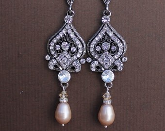 Crystal Bridal Earrings, Champagne Pearl Bridal Earrings, Vintage Silver Earrings, Vintage Bridal Jewelry, Bridesmaid Earrings, LUCY V