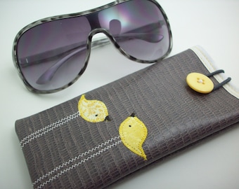 Eyeglass or Sunglass case in grey with yellow birds