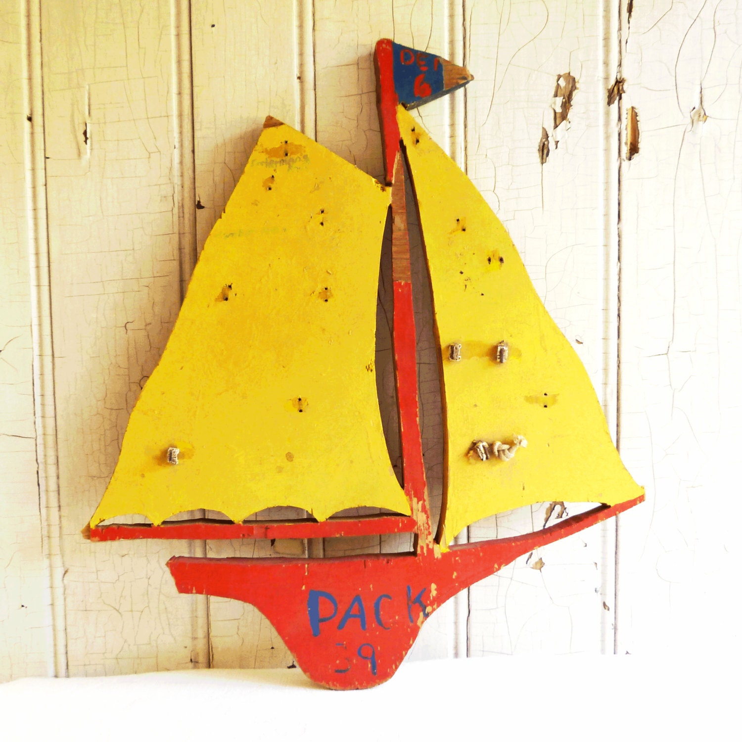 Vintage Wooden Sailboat Wall Hanging Cub Scout by KitschyVintage